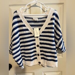 Universal Thread V Neck Navy Striped Short Sleeve Cardigan Button Front NWT